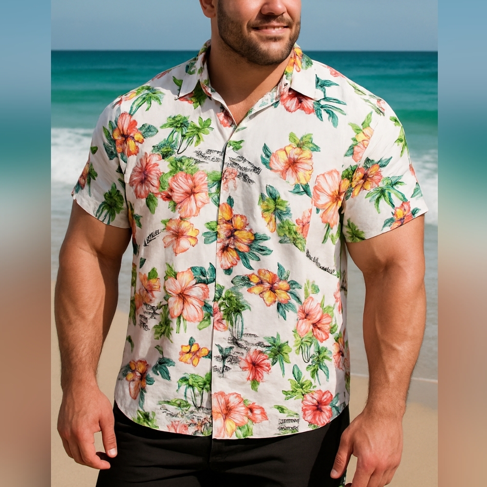 George‎ White and Green Casual Button Down Shirt with Tropical Design